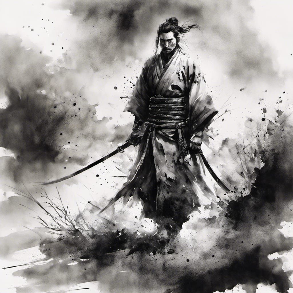 Japanese Sumi-e Ink Painting in Ghost of Tsushima Style