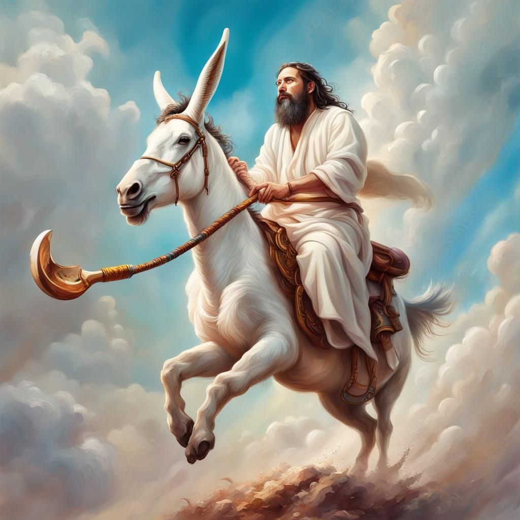 Messiah on White Donkey: Hyperrealistic Splash Art