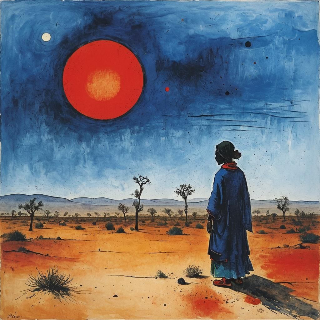 Beduin Woman in Desert Landscape, Miro-esque Style