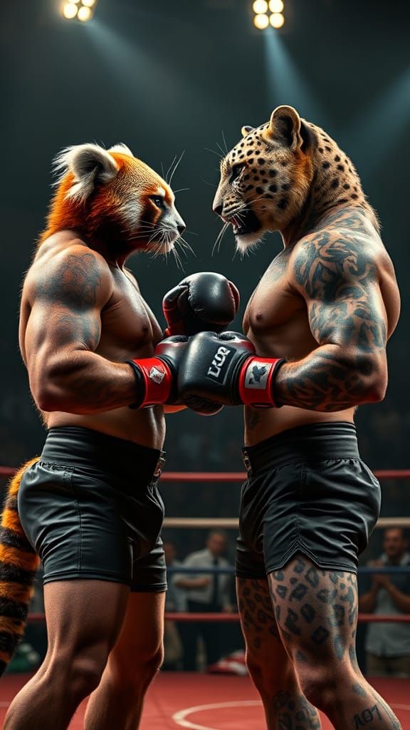 Red Panda vs Snow Leopard Boxing Match in Stadium