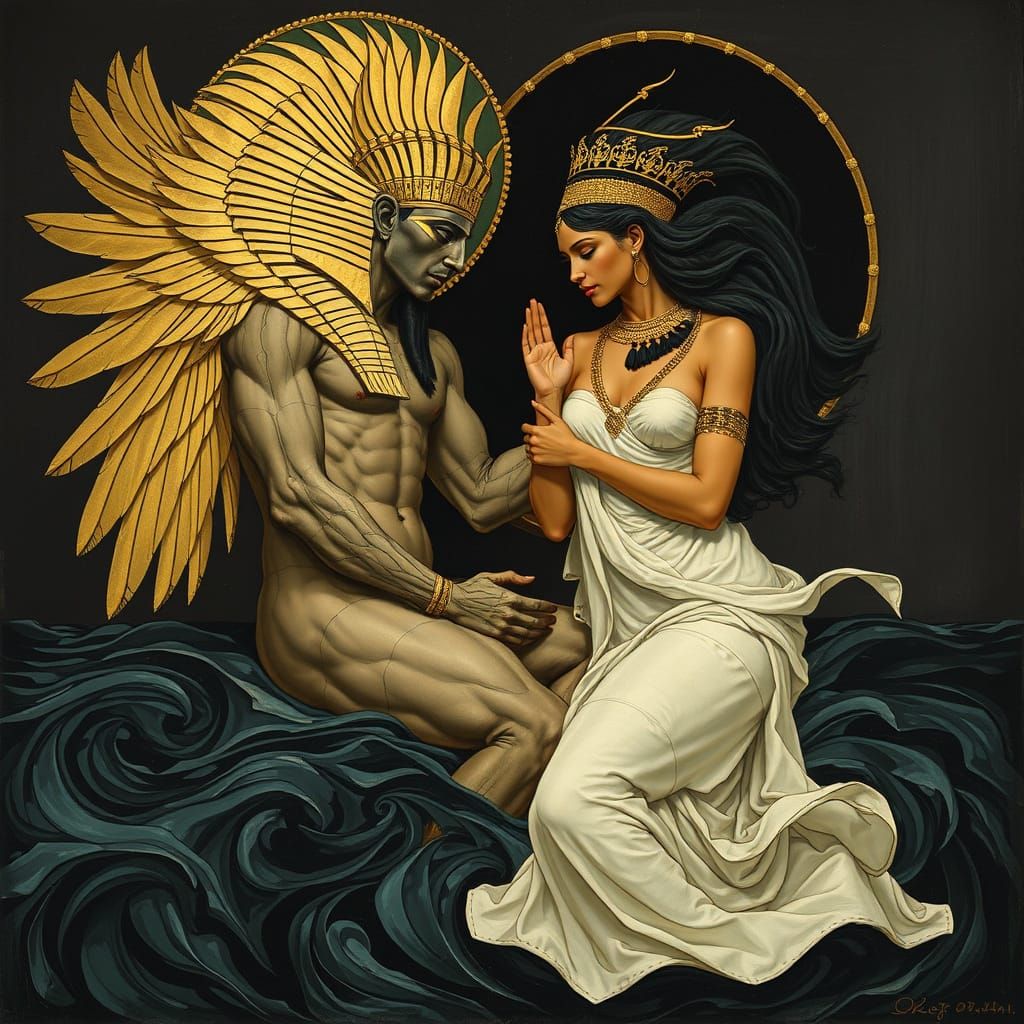 Amun and Amunet: Divine Union in Art Nouveau Style
