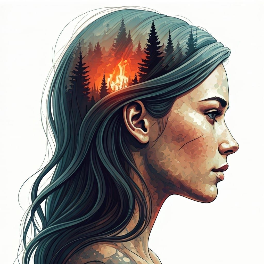Serene Face with Forest Fire: Watercolour Comic Art