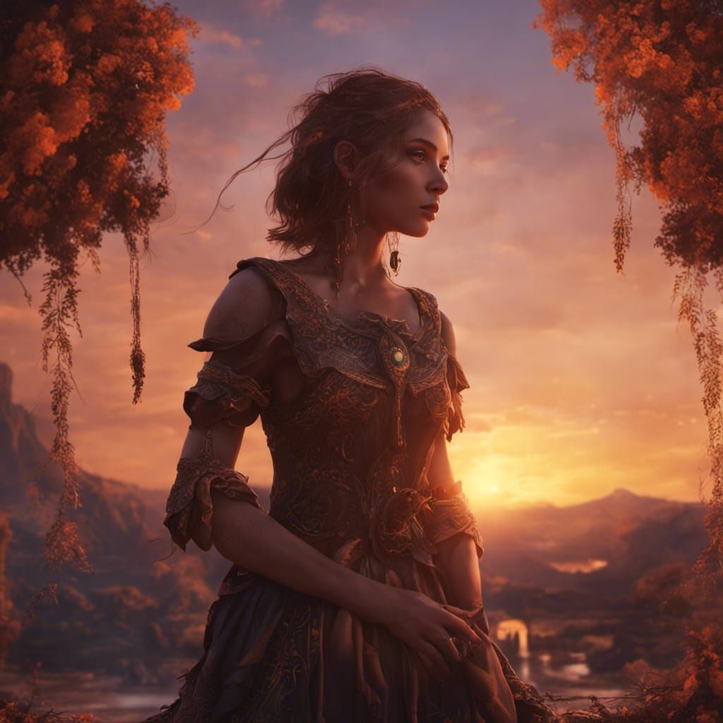 Girl Silhouetted Against a Detailed Sunset