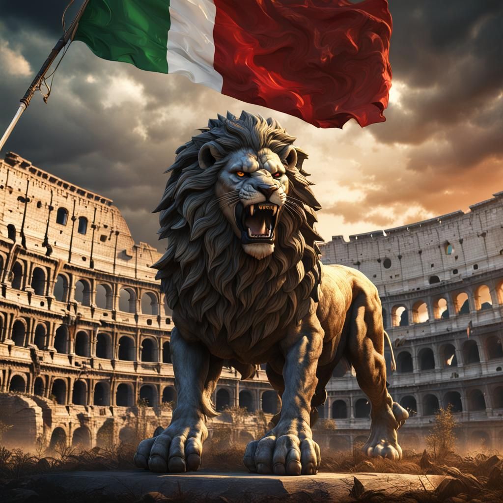 Lion Guarding Rome Colosseum in Detailed Matte Painting