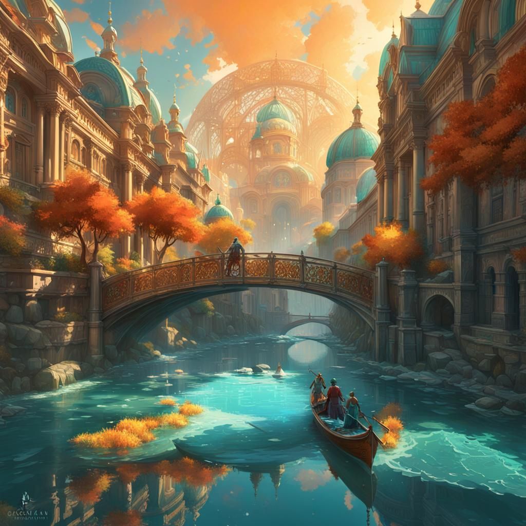 Golden Celestial City with Crystal River at Sunrise