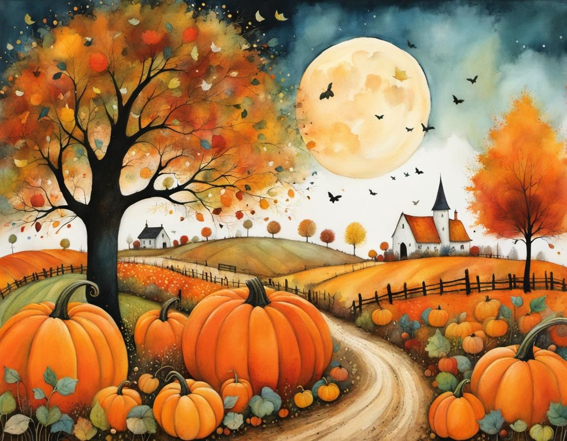 Magical Autumn Garden and Pumpkin Patch Illustration