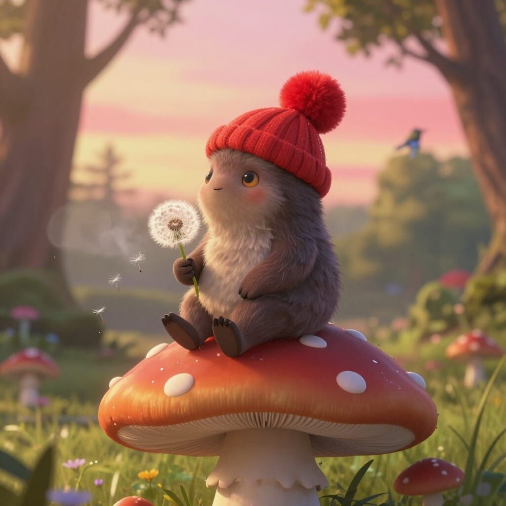 Wise Moogle Contemplating Nature on Giant Mushroom