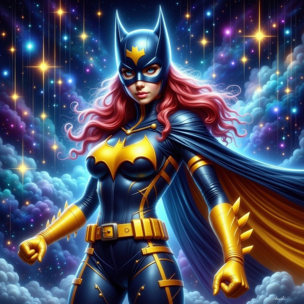Heroic Batgirl Illuminated by Celestial Zodiac