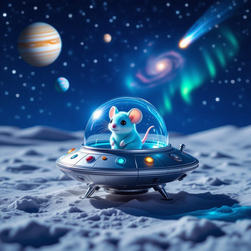 Miniature Alien Spaceship With Chibi Mouse on Moon