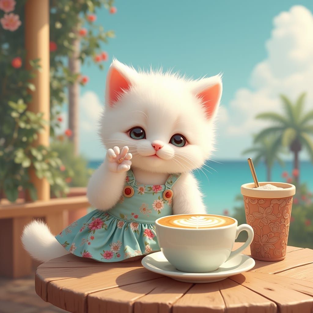 Kitten Sipping Latte in Dreamy Beachside Cafe
