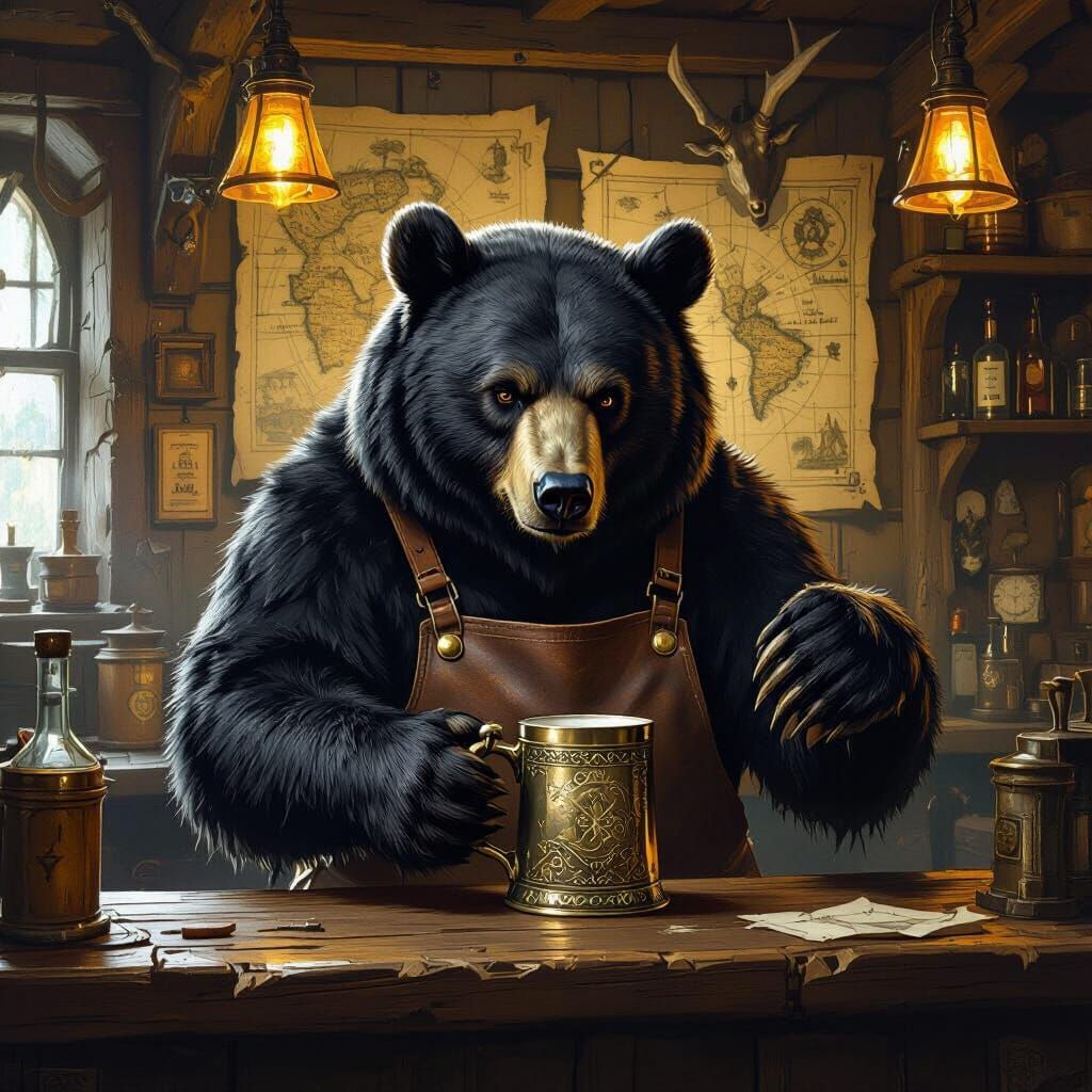 Bear Bartender Polishing Tankard in Rustic Tavern