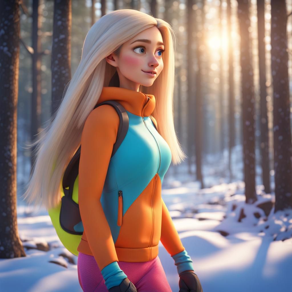 Blonde Woman Exercising in Sunny Winter Forest