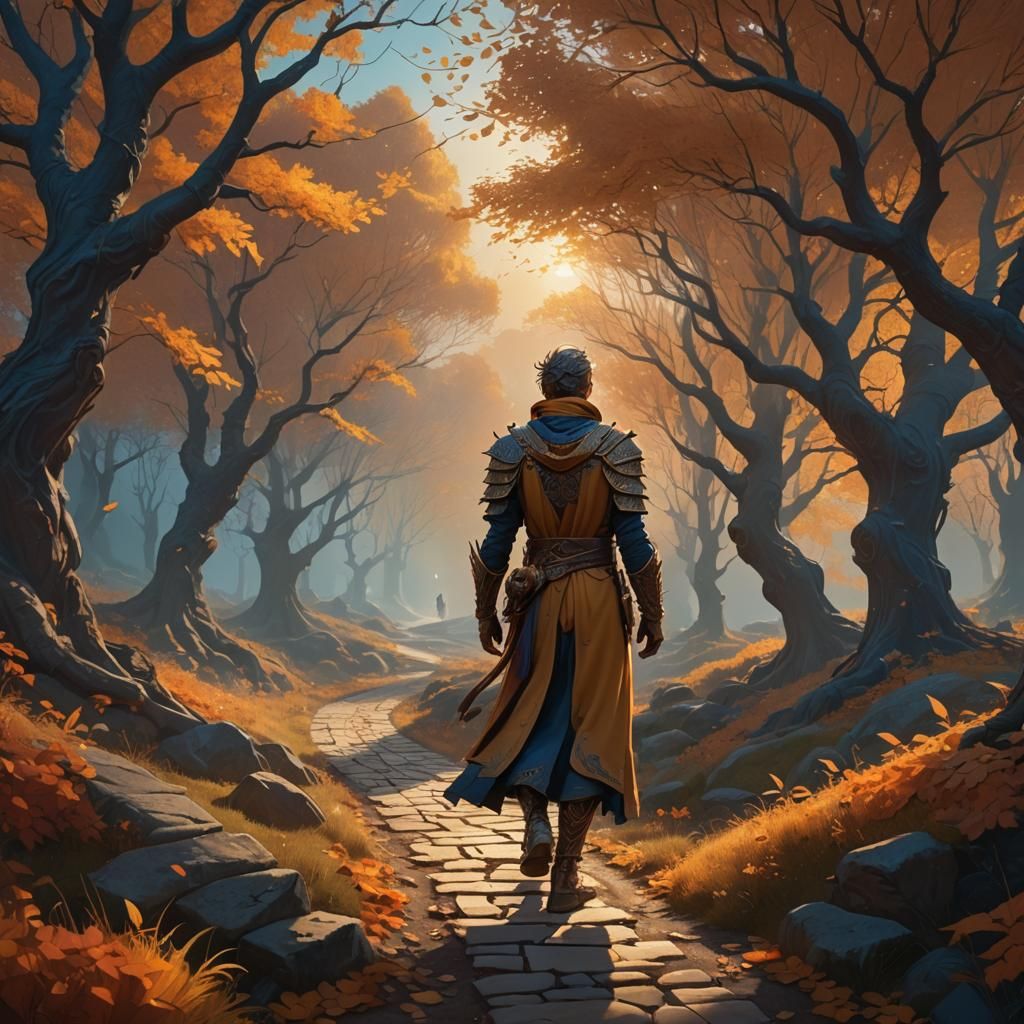 Mystical Figure on Autumn Path: Symbolist Fantasy Art