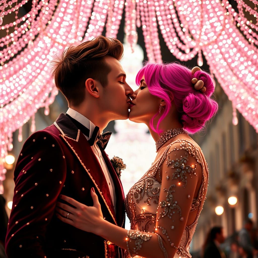 Elegant Gay Couple Under Glittering Lights in Whimsical Atmo...