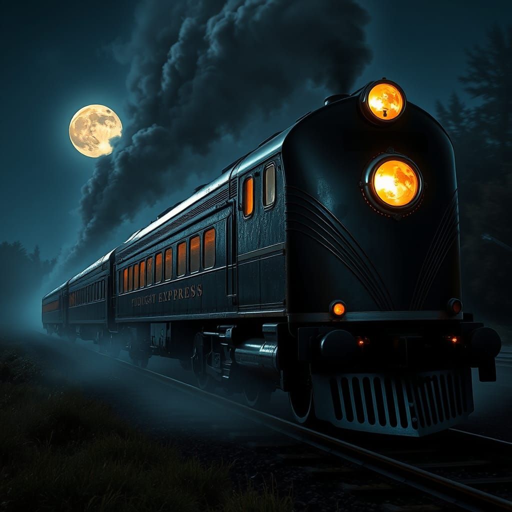 Midnight Express Train in Moonlit Landscape