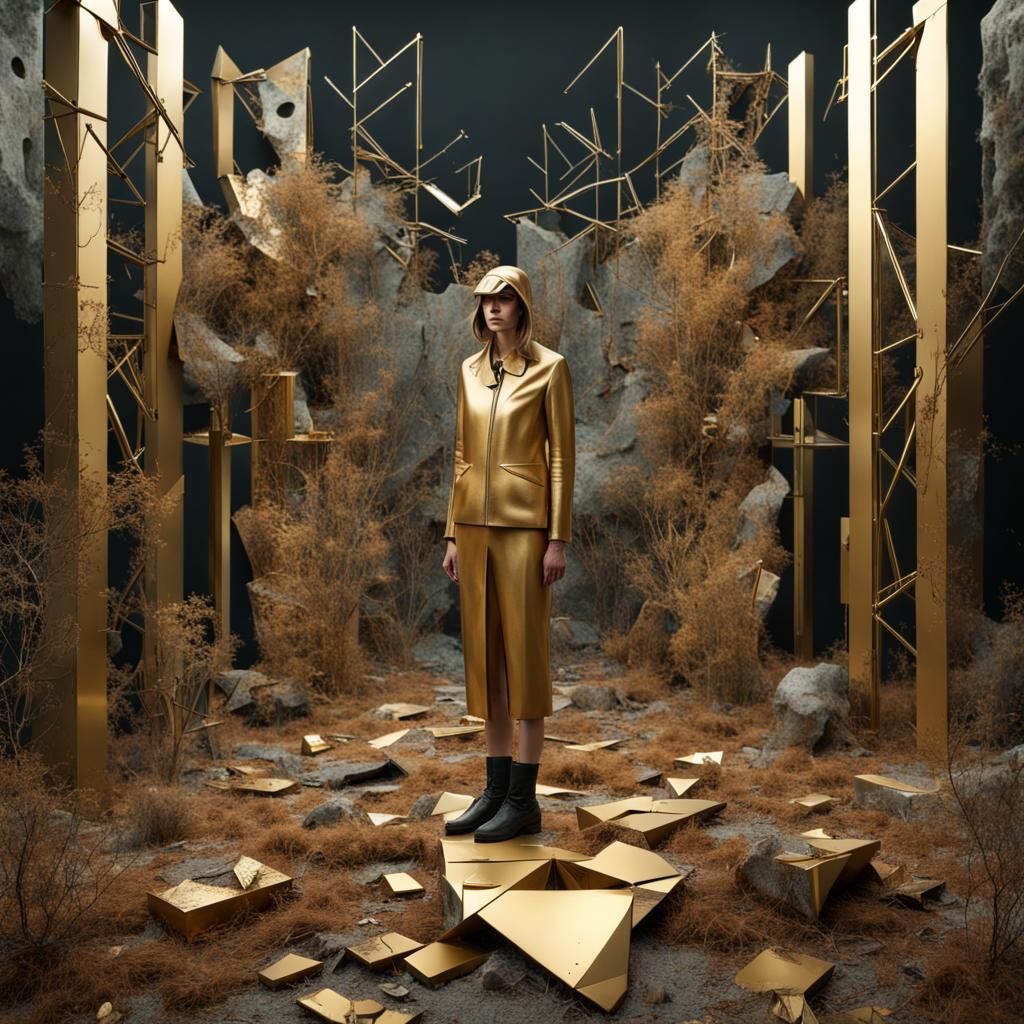 Surreal Geometric Australian Landscape with Gold Sculpture