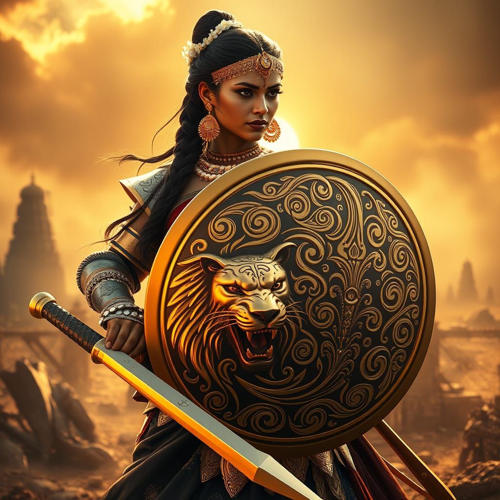 Regal Indian Warrior Queen in Mystical Battle