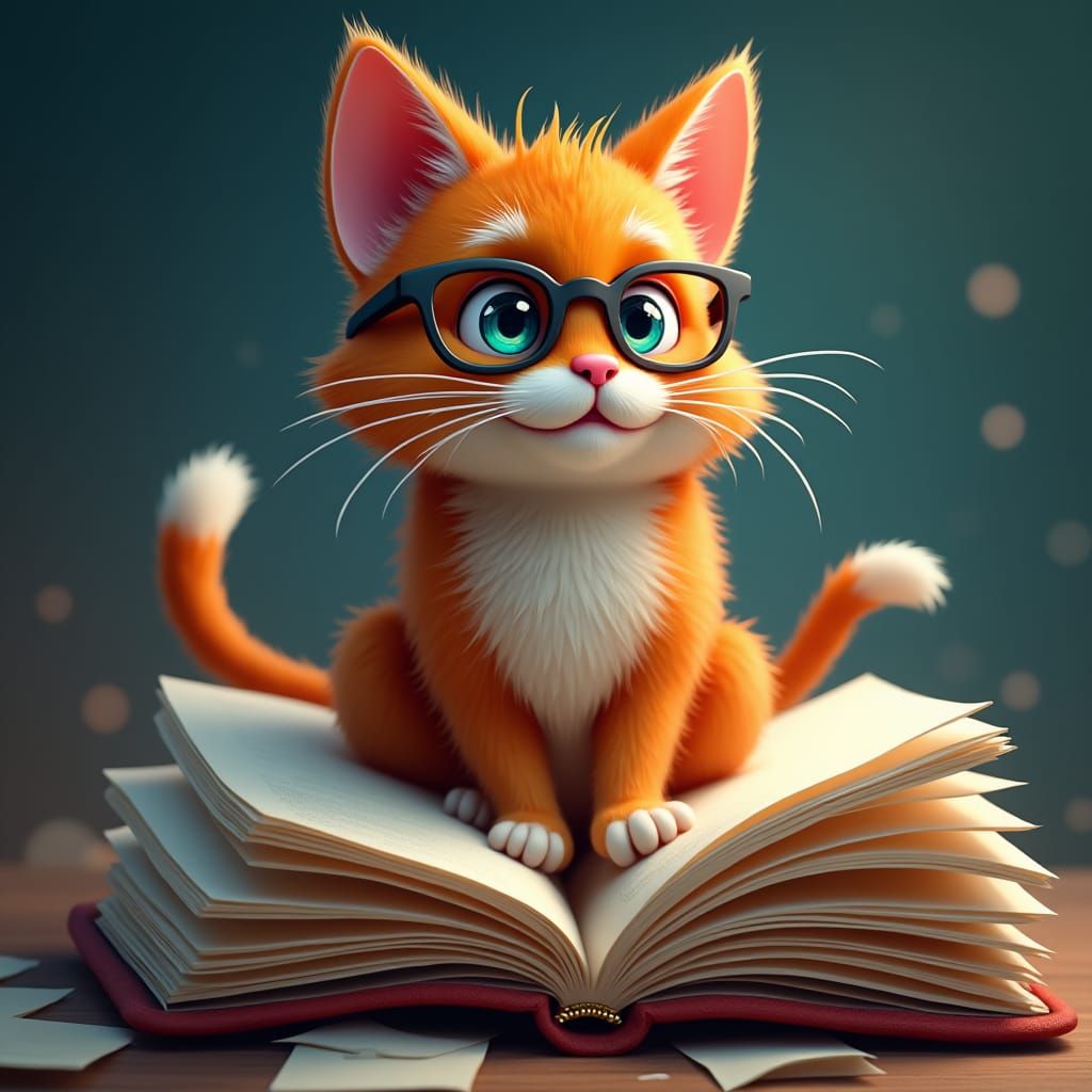 Cartoon Reader Cat with Book, Fantasy Concept Art