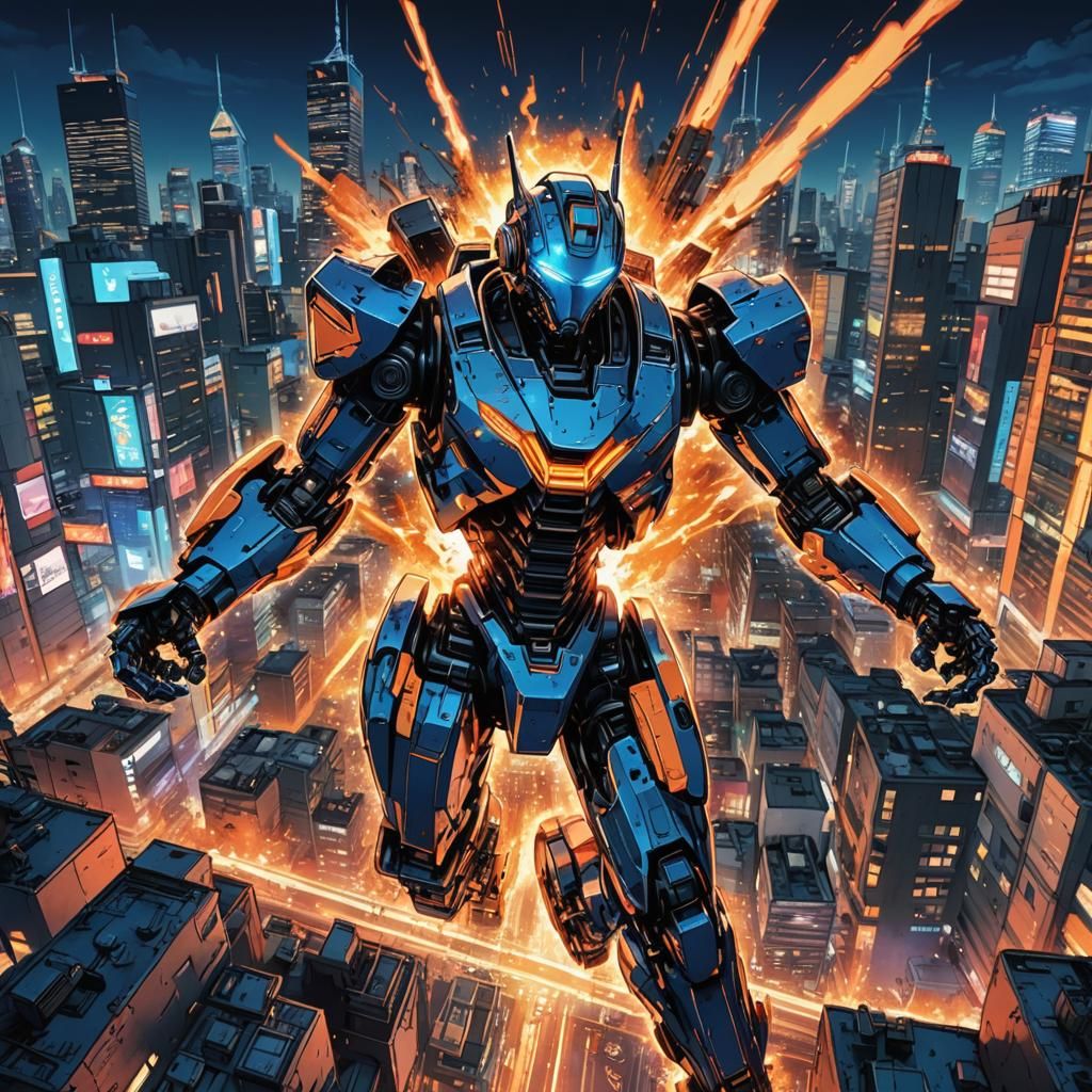 Robot Arm Smashes City in Vibrant Manga Style