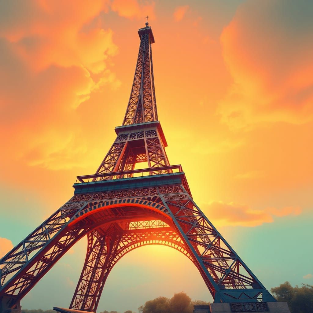 Futuristic Eiffel Tower in Orange and Teal Sci-Fi