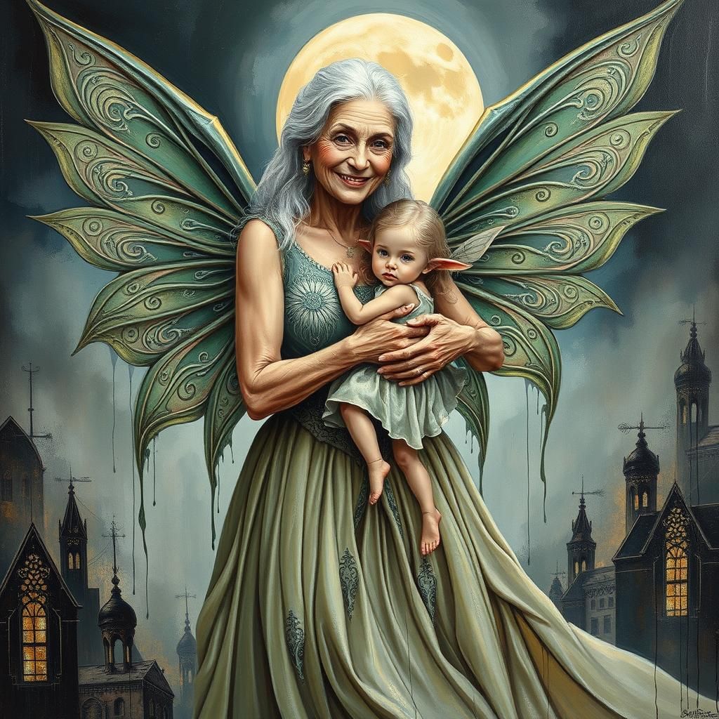 Fairy Grandmother and Granddaughter, Impasto Oil Painting