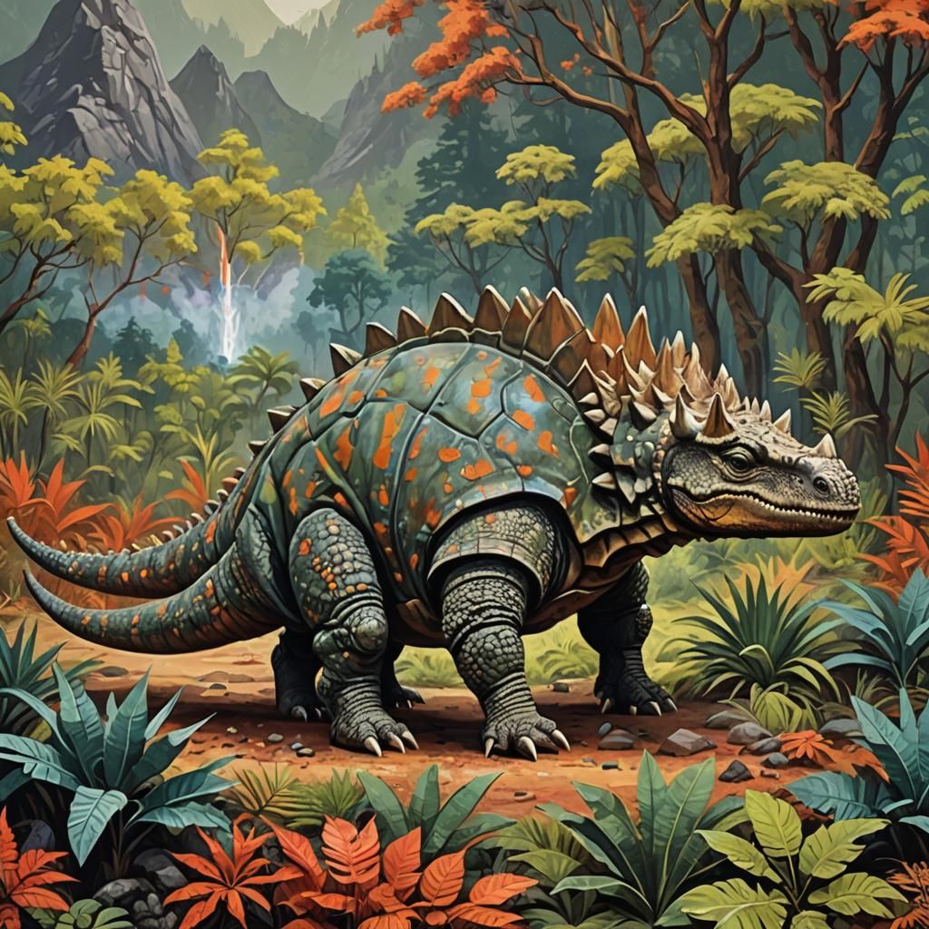 Ankylosaurus in Volcano Forest: Abstract Art