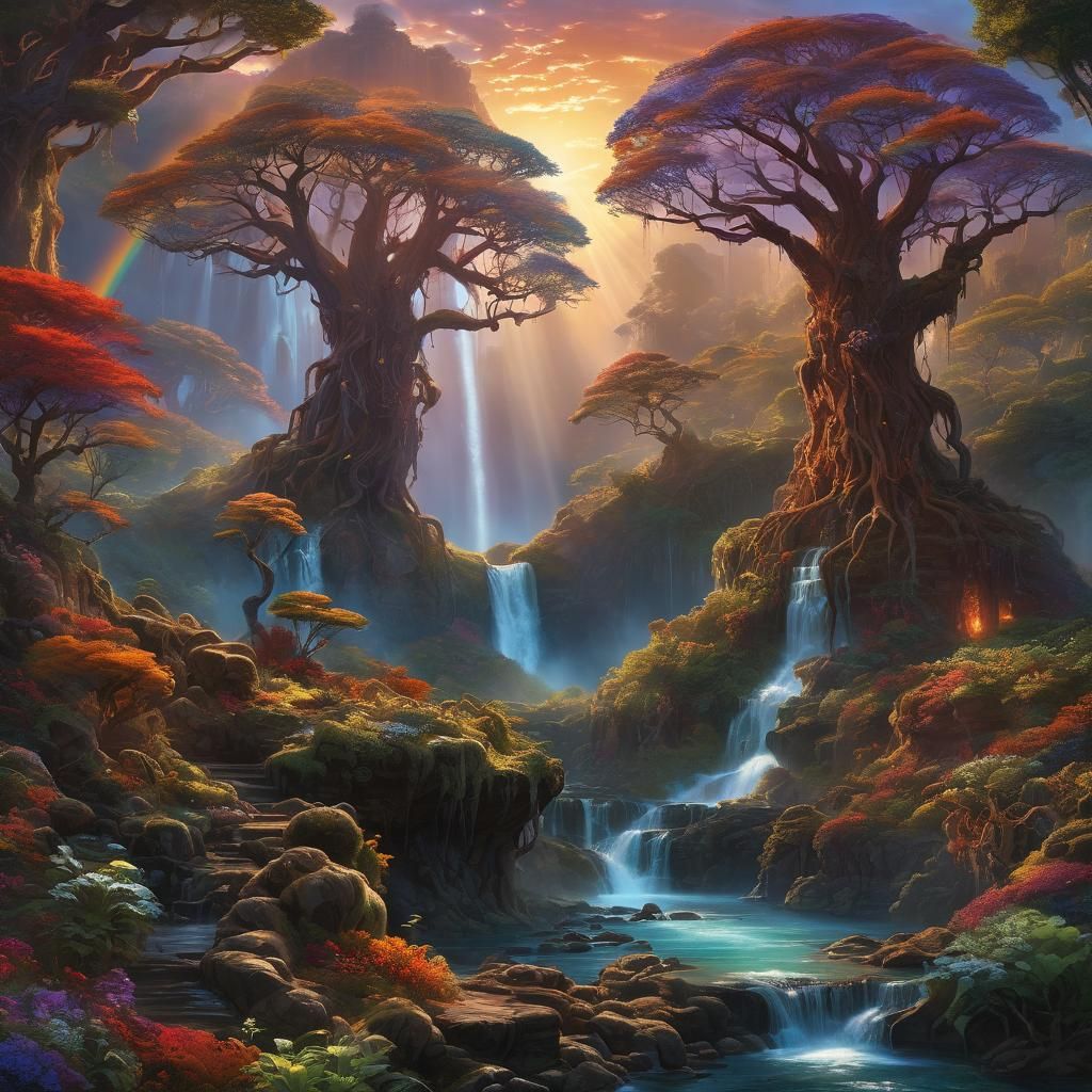 Ethereal Landscape with Crystal and Rainbow Waterfall