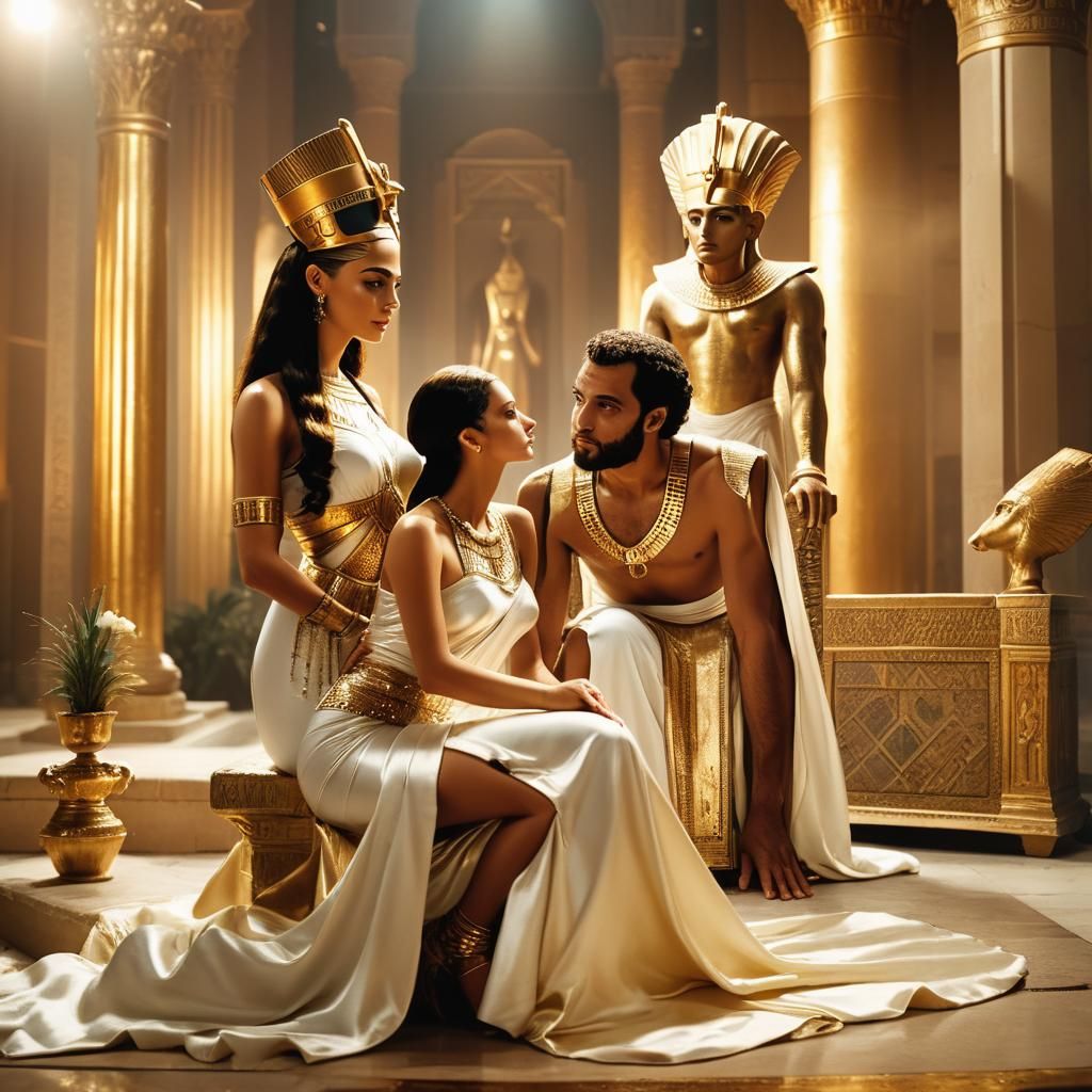 Moses Kneels Before Nefertiti in Palace, Cinematic Still