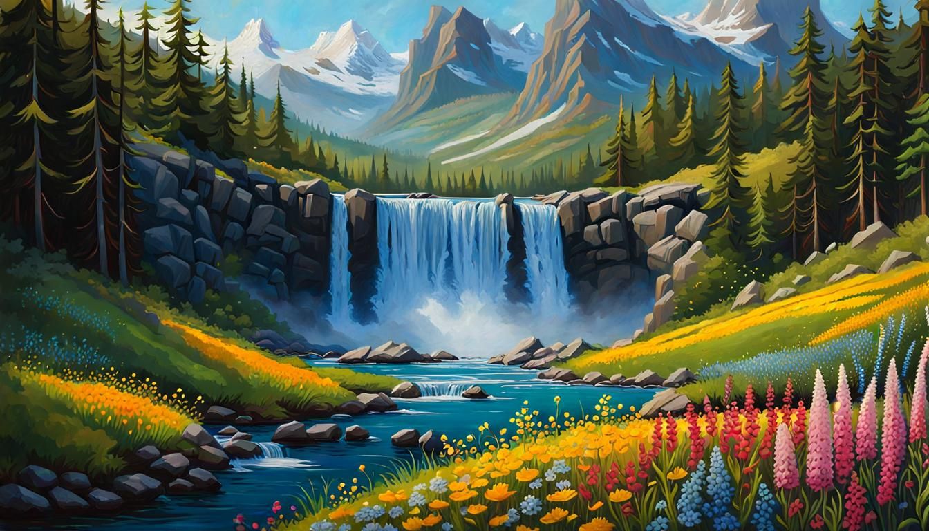 Mountain Homestead with Wildflowers and Waterfalls