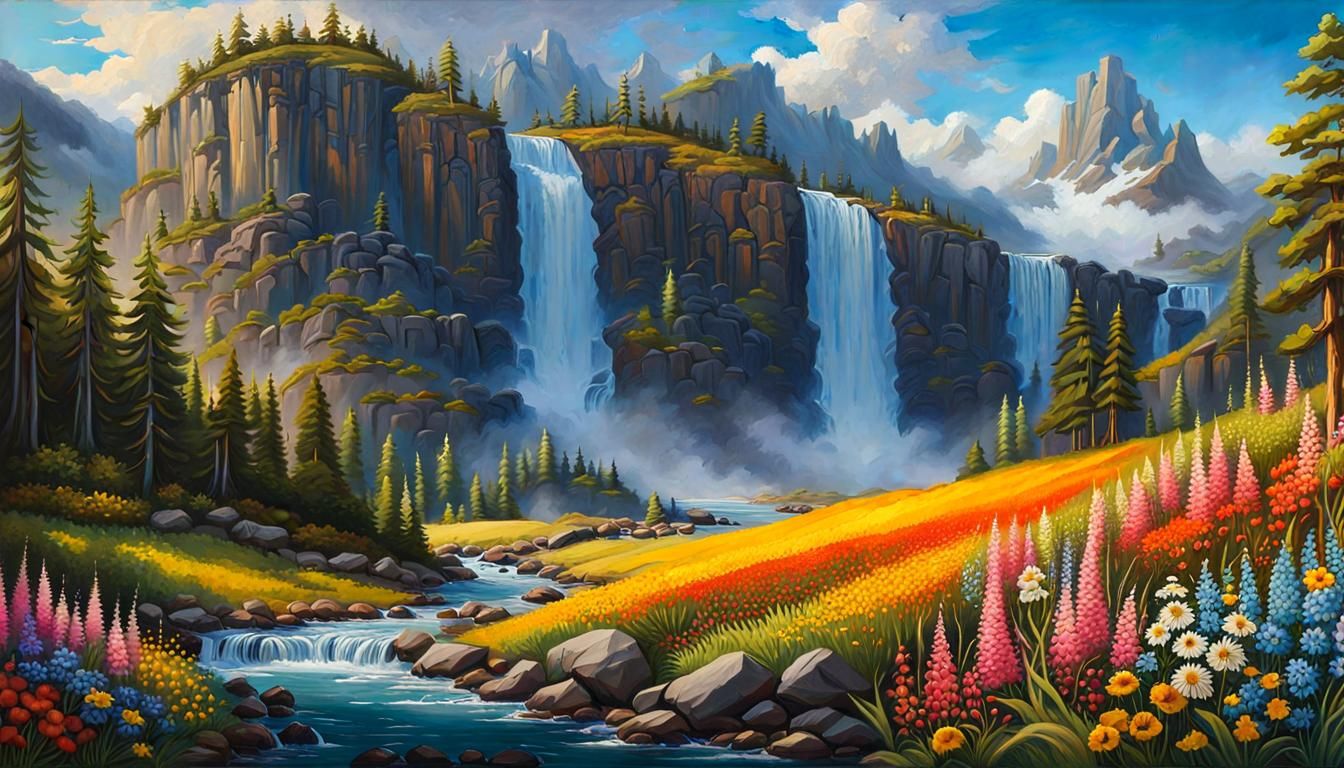 Rocky Mountain Homestead with Wildflowers in Fantasy Art