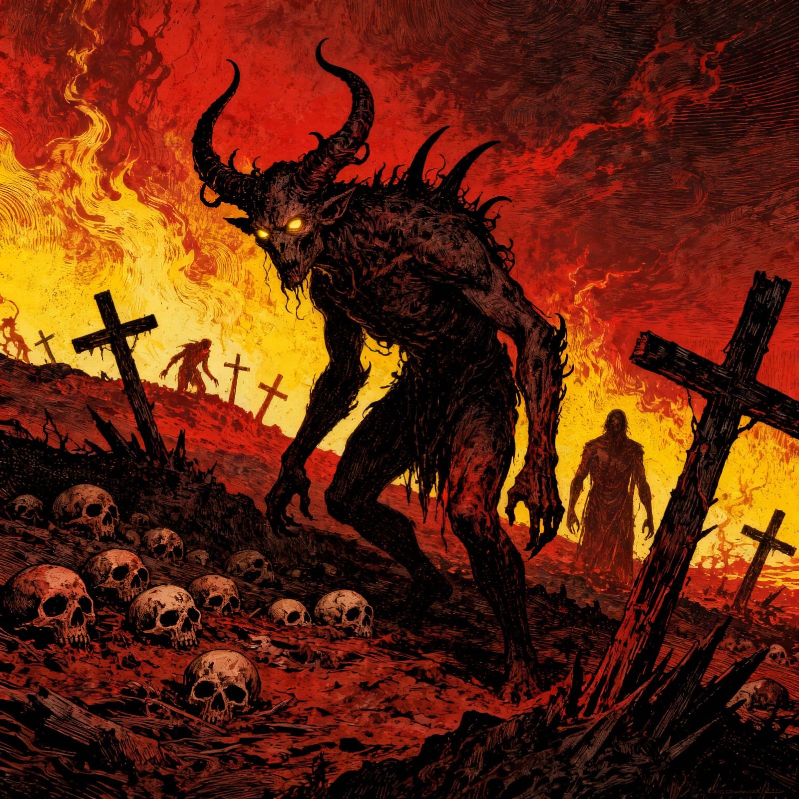 Hellscape with Demons and Skulls in Gustave Doré Style