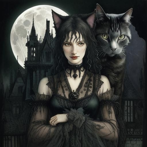 Romantic Witch Portrait with Cats and Haunted House