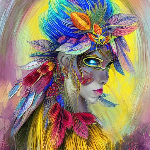 Fantasy Woman with Silver Skin and Colorful Feathers