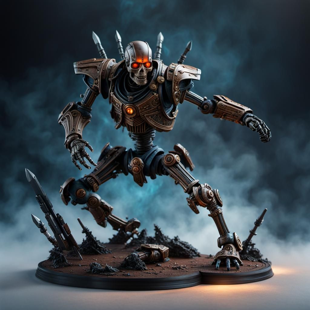 Medieval Skeletal Robot Warrior Miniature in Macro Photograp...