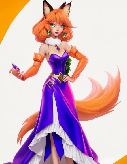 A CGI animated anthropomorphic fox Diane Foxington with green emerald eyes in a prom pink gown without a tank and with h...