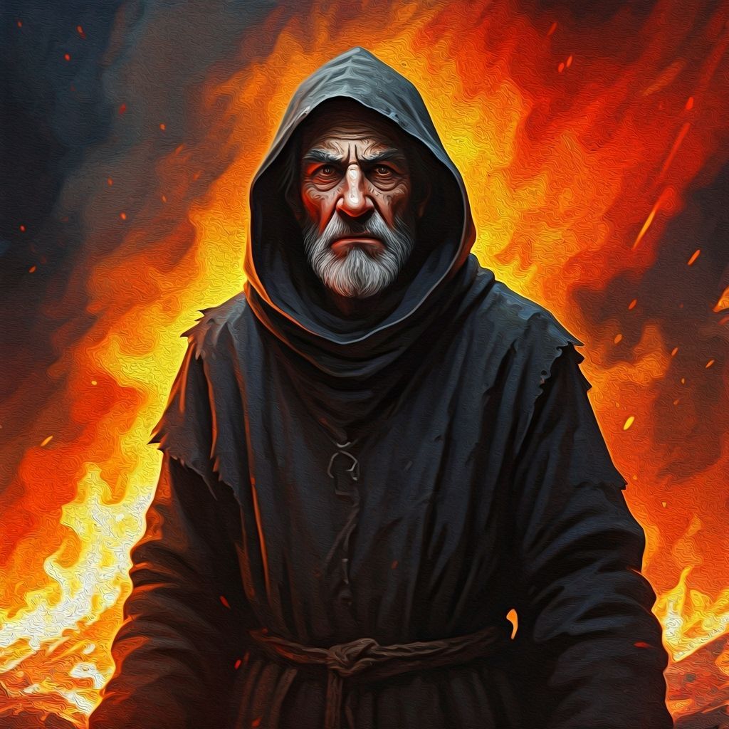 Witch Silhouetted Against Inferno in Neo-Impressionist Style