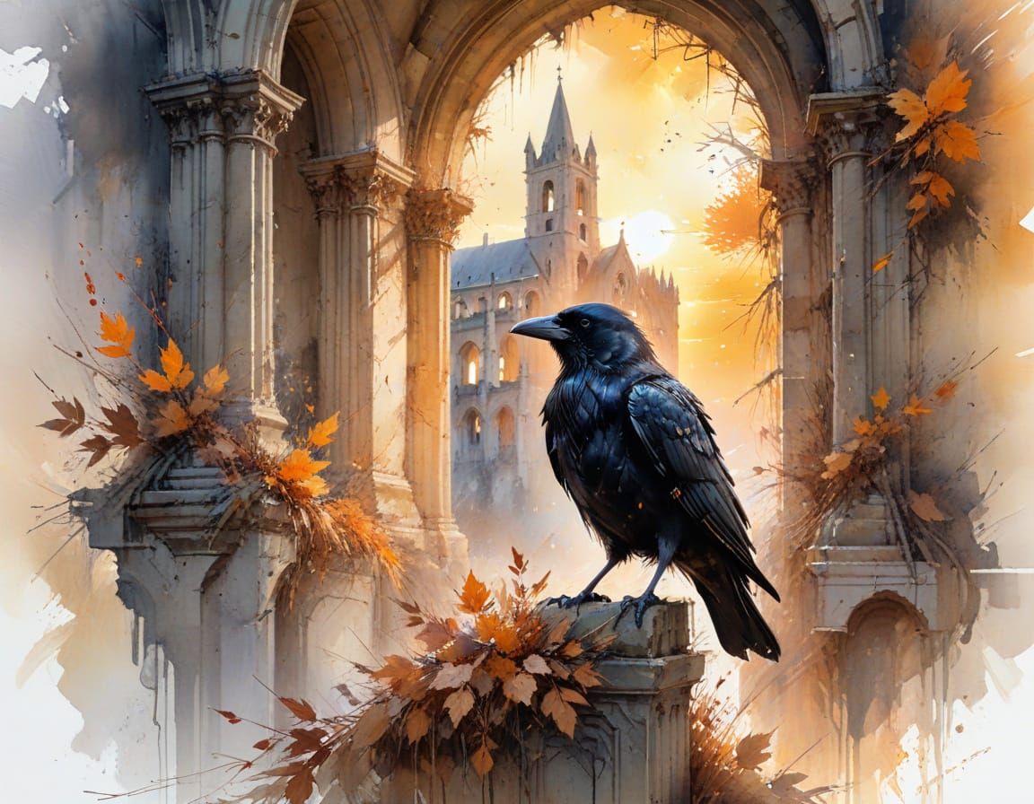 Autumn Raven in Spring Abbey, Watercolour Style
