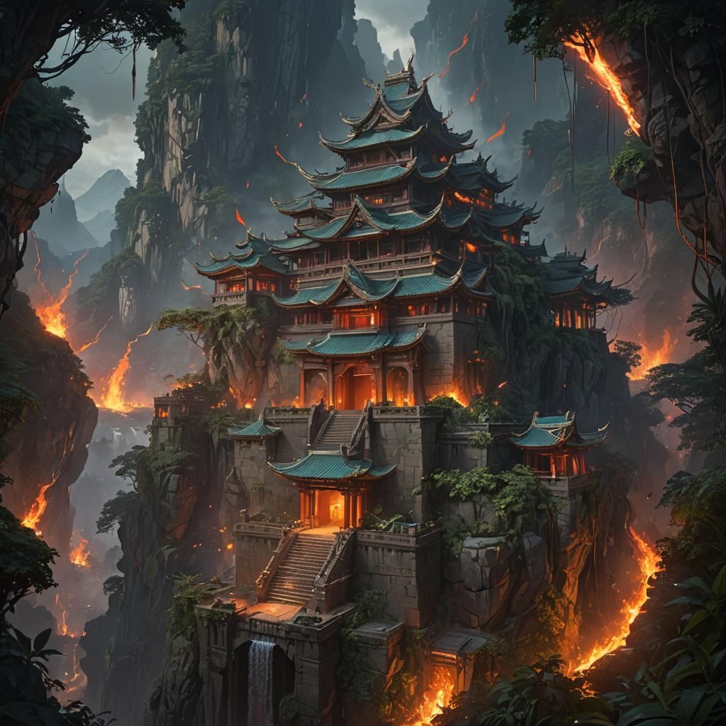 Asian Jungle Fortress Under Attack at Night