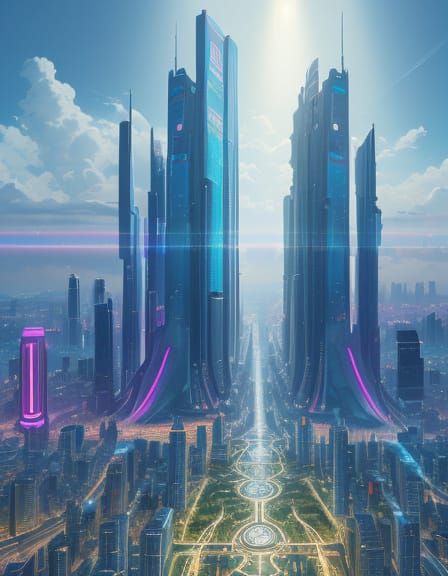 Futuristic City Map Concept Art with Neon Lights