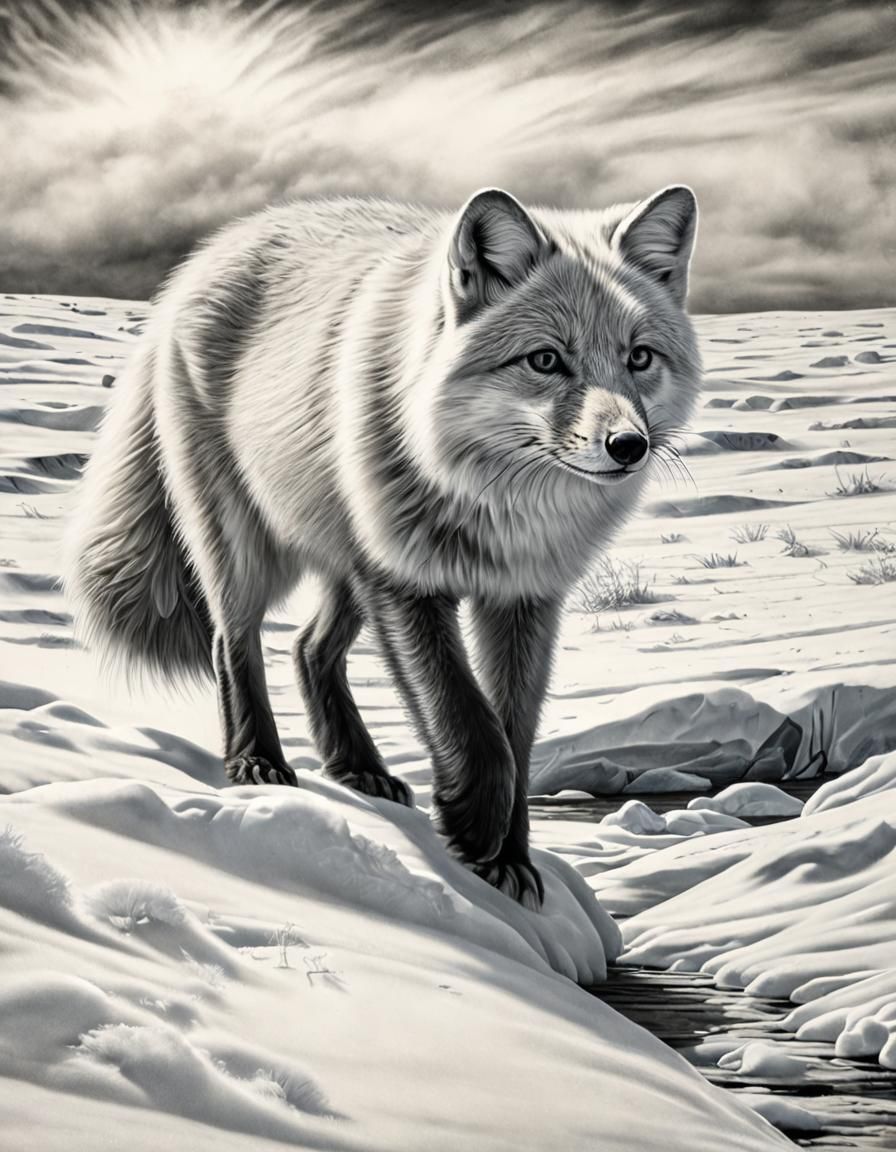 Arctic Fox Hunting on Frozen Tundra: Charcoal Drawing