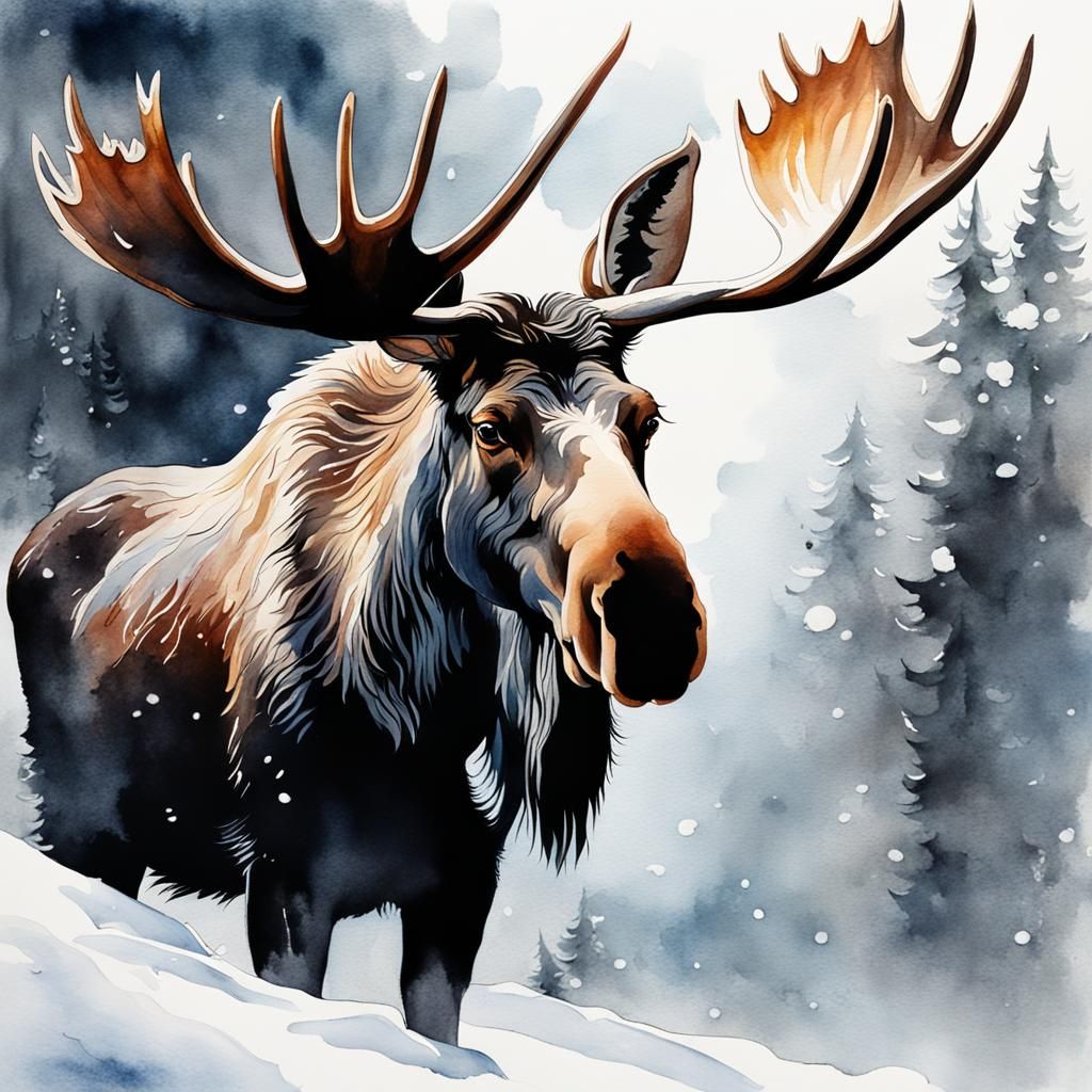 Mystical Moose Portrait in Watercolor Style