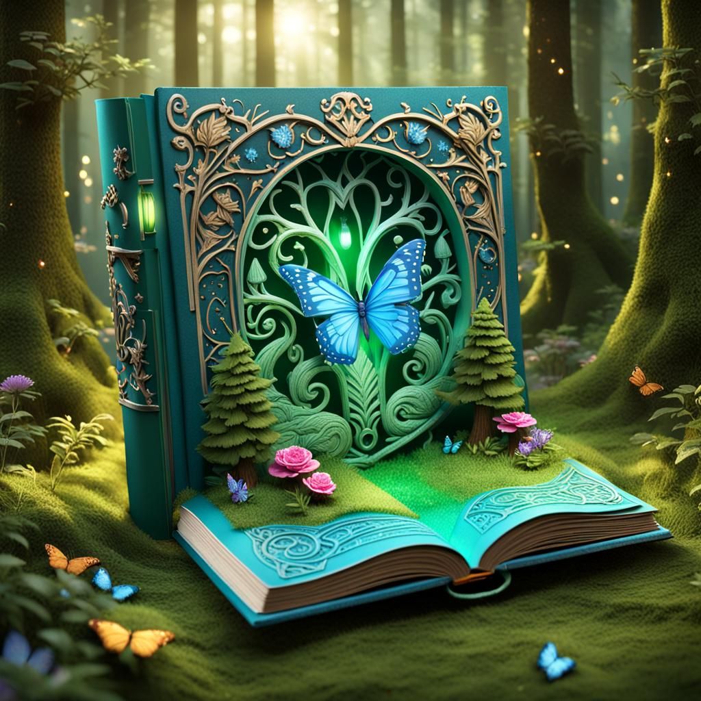 Ornate Book with Magical Forest Wonderland Inside
