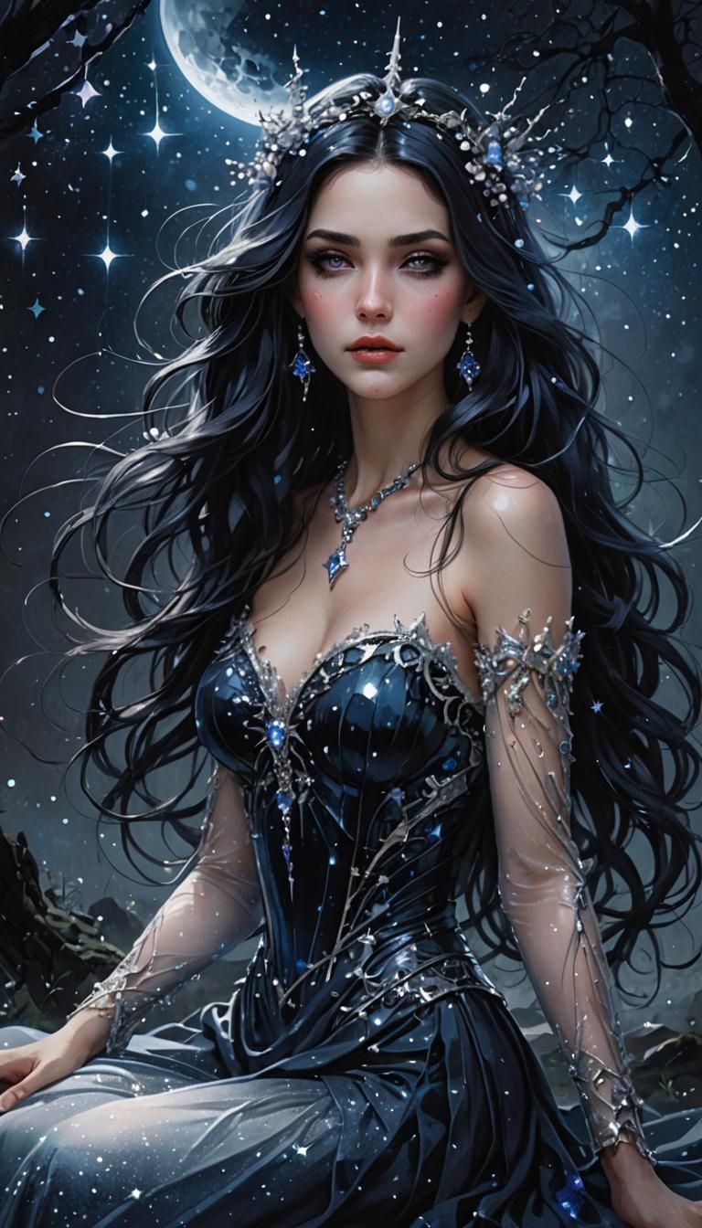 Ethereal Witch with Starlit Eyes in Indigo Sky