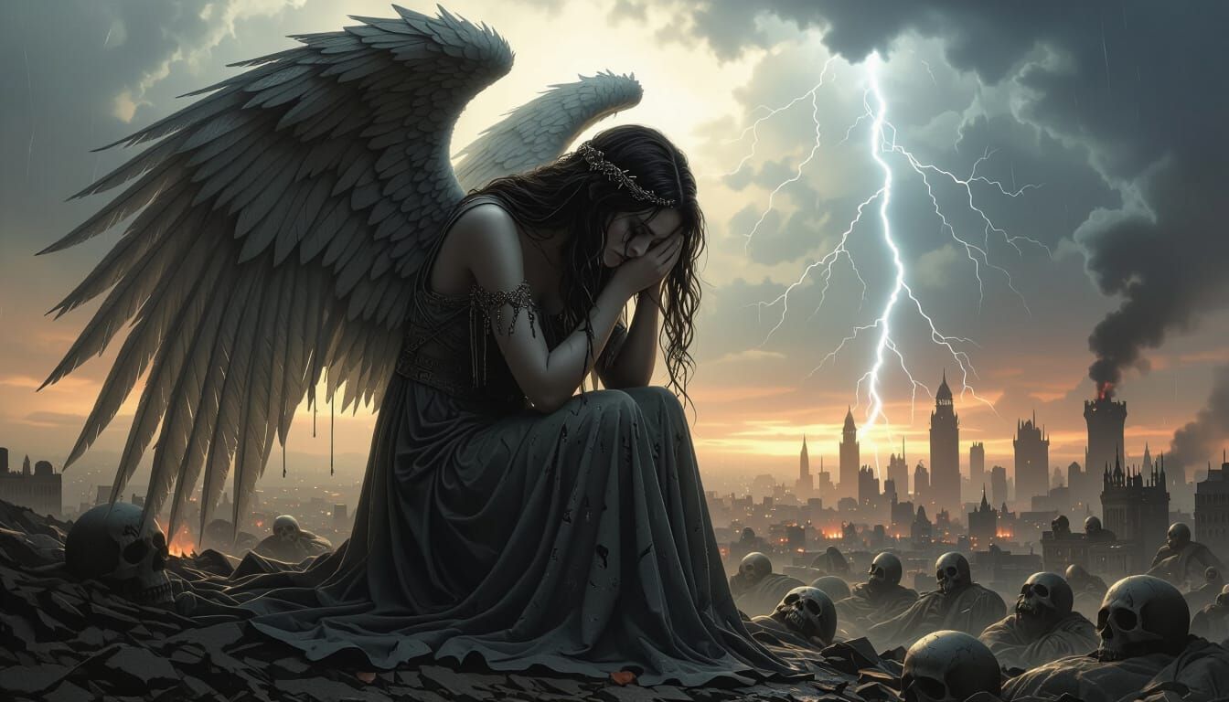 Sorrowful Angel Weeping Over War-Torn City
