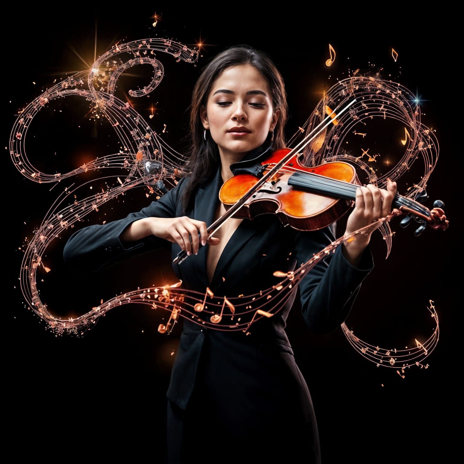 A Woman in Elegant Black Surrounded by Magical Vibrations