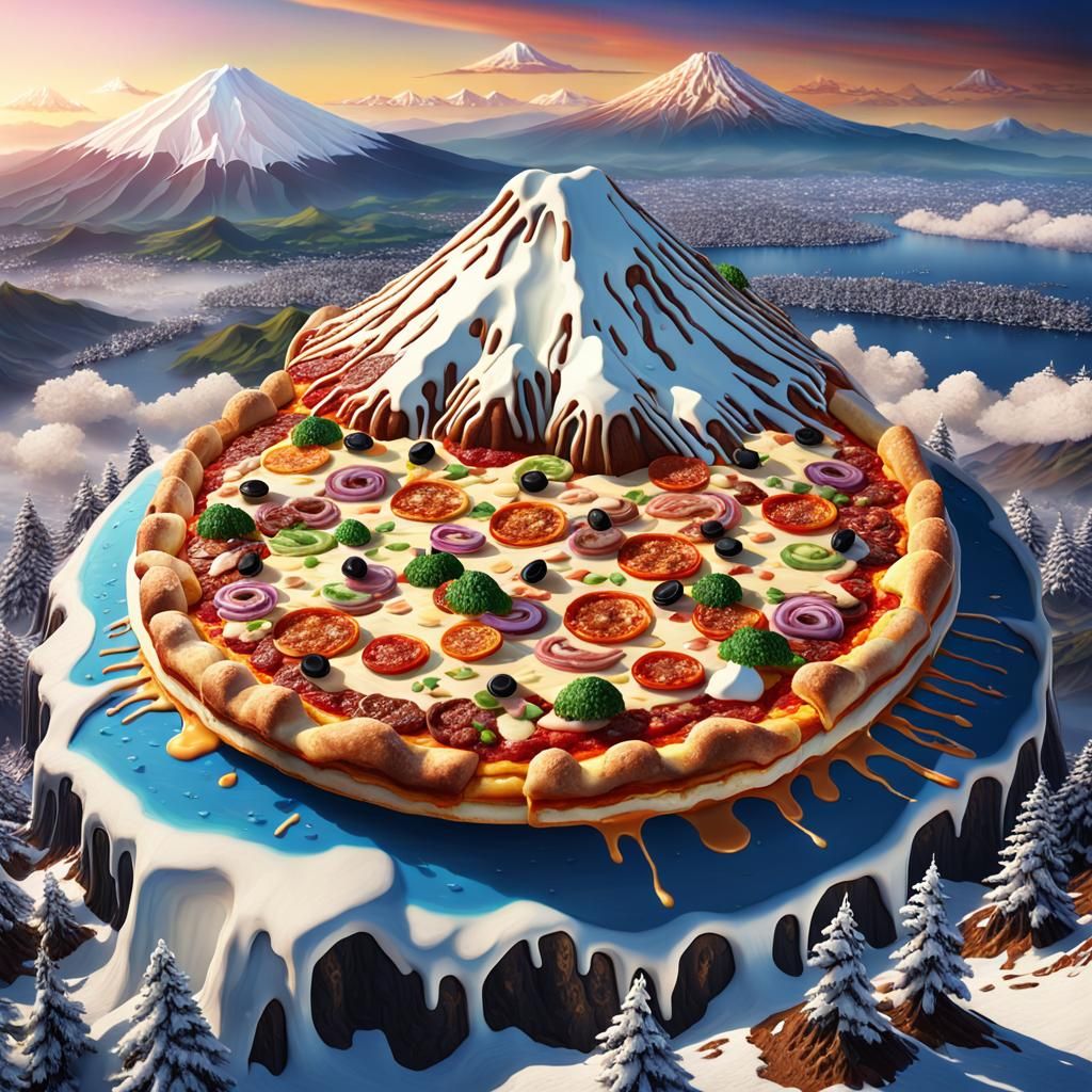 Giant Pizza on Mount Fuji: Hyper-realistic Digital Art