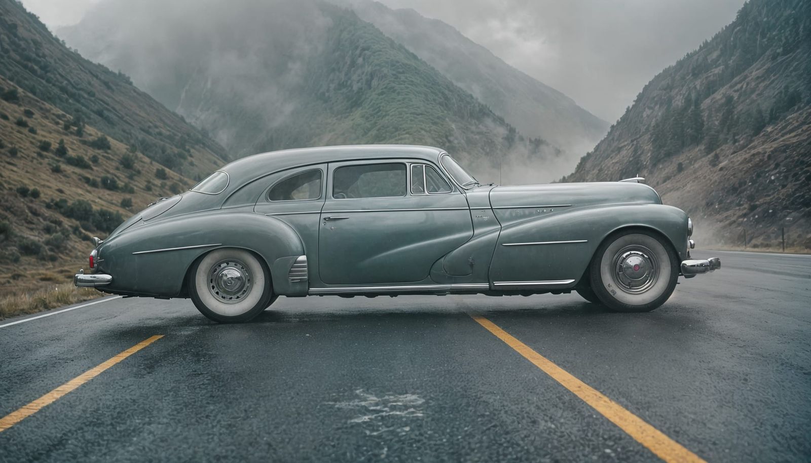 1953 Silver Car on Misty Mountain Road