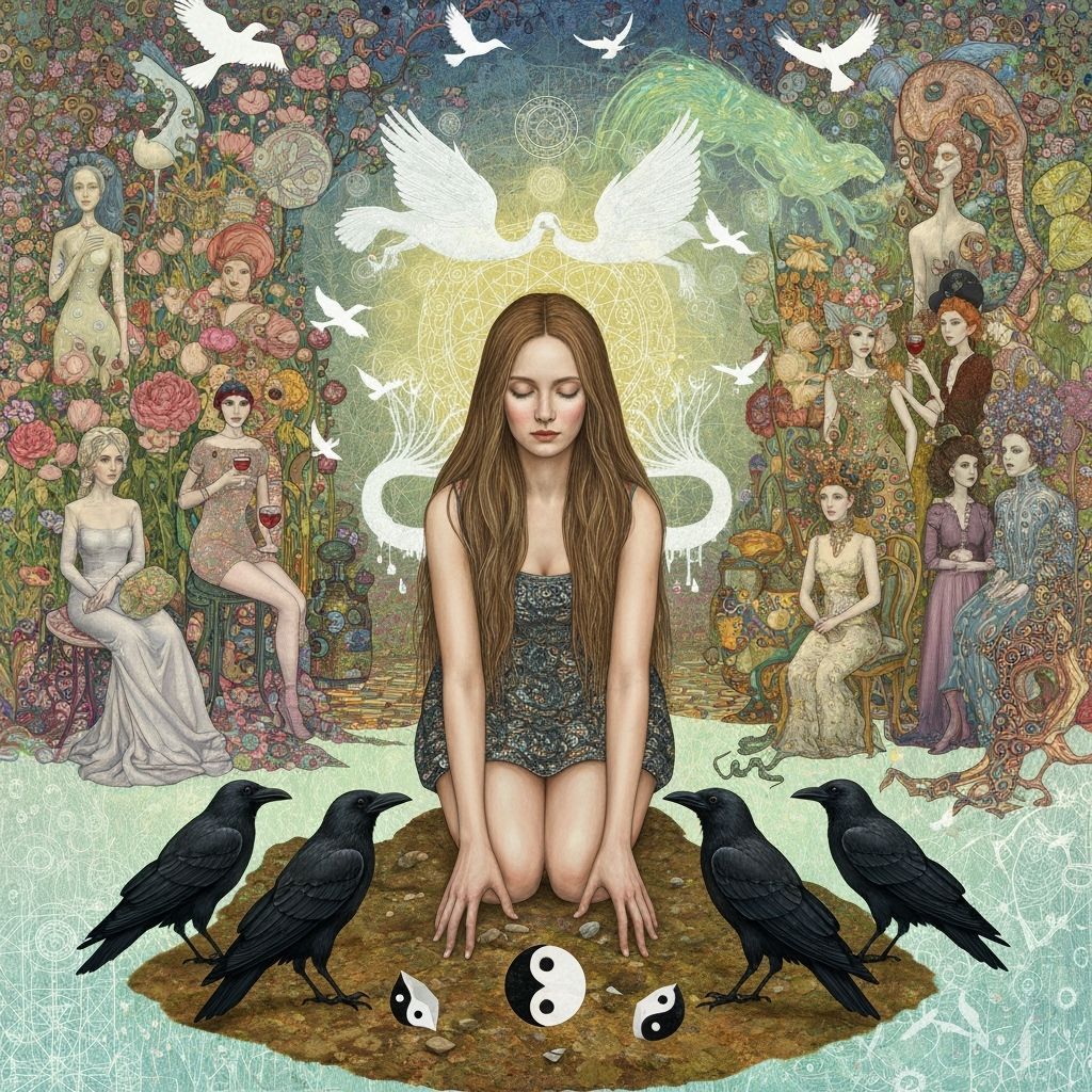 Psychedelic Woman Gathering Shards in Bio-Art Style