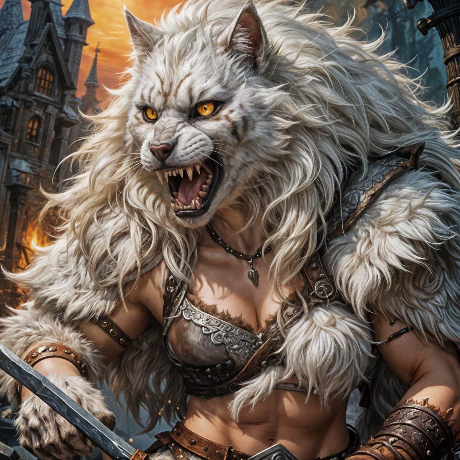 white furry woman cat werewolf barbarian covered in fur; fur...