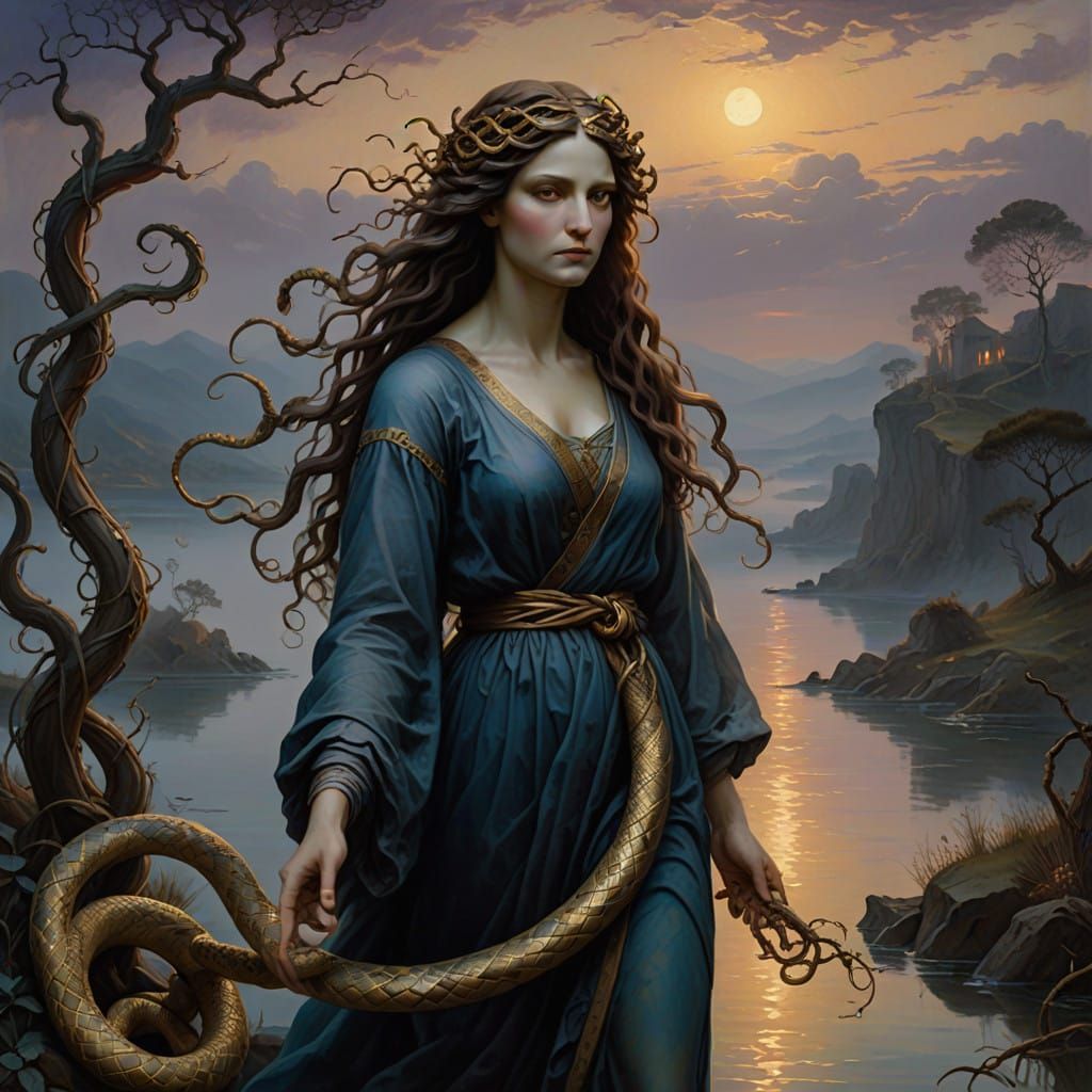 Twilight Portrait of Medusa at Water's Edge in Oil Painting...